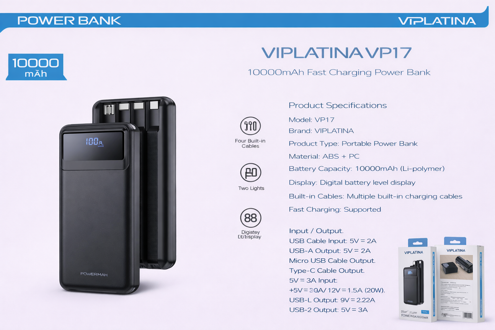VIPLATINA VP17 10000mAh Fast Charging Power Bank-Flash Zone Electronics فلاش زون للالكترونيات