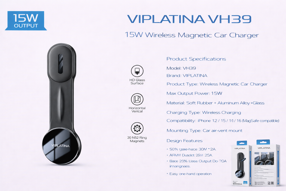 VIPLATINA VH39 15W Wireless Magnetic Car Charger-Flash Zone Electronics فلاش زون للالكترونيات