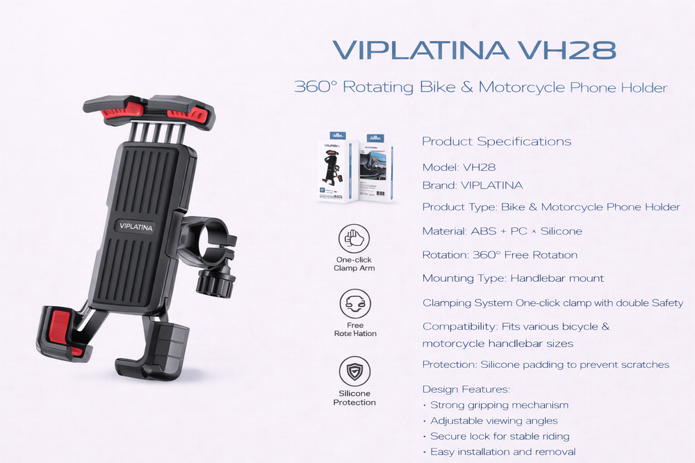VIPLATINA VH28 360° Rotating Bike & Motorcycle Phone Holder-Flash Zone Electronics فلاش زون للالكترونيات