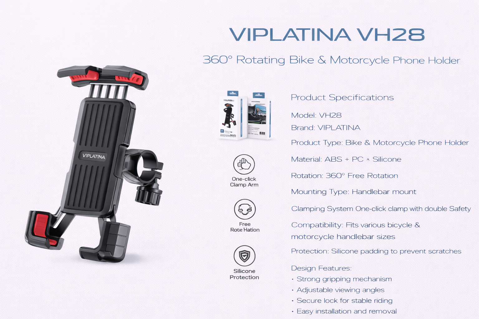 VIPLATINA VH28 360° Rotating Bike & Motorcycle Phone Holder-Flash Zone Electronics فلاش زون للالكترونيات