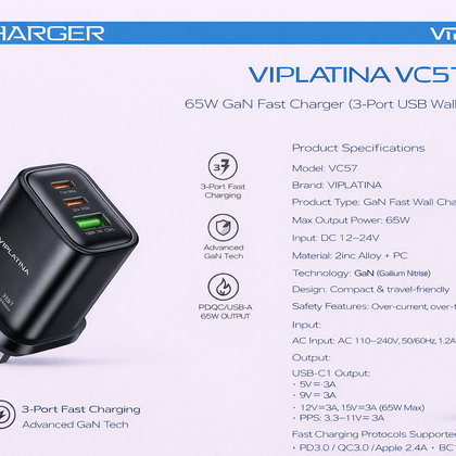 VIPLATINA VC57 65W GaN Fast Charger (3-Port USB Wall Charger)-Flash Zone Electronics فلاش زون للالكترونيات