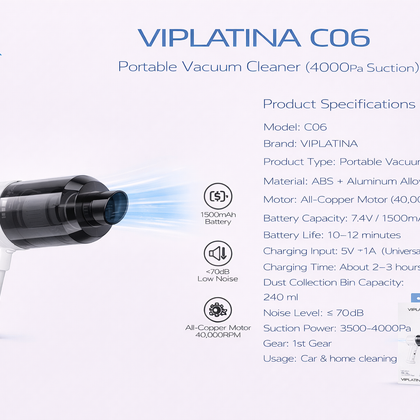 VIPLATINA C06 Portable Handheld Vacuum Cleaner (4000Pa Suction)-Flash Zone Electronics فلاش زون للالكترونيات
