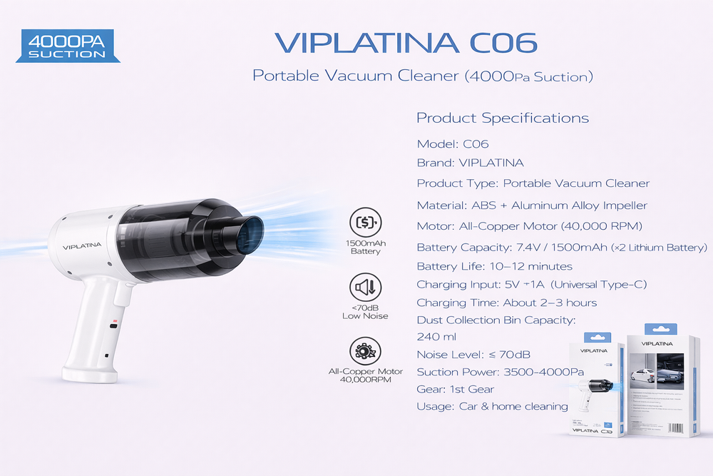 VIPLATINA C06 Portable Handheld Vacuum Cleaner (4000Pa Suction)-Flash Zone Electronics فلاش زون للالكترونيات