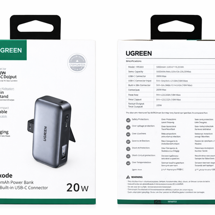 UGREEN Nexode PB503 5000mAh Power Bank with Built-in USB-C Connector – 20W PD Fast Charging, Compact Portable Charger with Kickstand-Flash Zone Electronics فلاش زون للالكترونيات