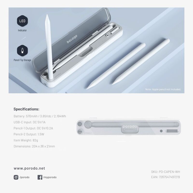 Porodo Wireless Charging & Storage Case for Apple Pencil 1 & 2-Flash Zone Electronics فلاش زون للالكترونيات