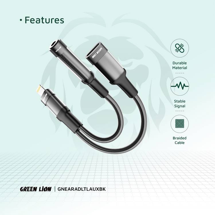 Green Lion 2‑in‑1 Earphone & Charging Adapter – Lightning to Lightning Charging + 3.5mm Audio Adapter-Flash Zone Electronics فلاش زون للالكترونيات