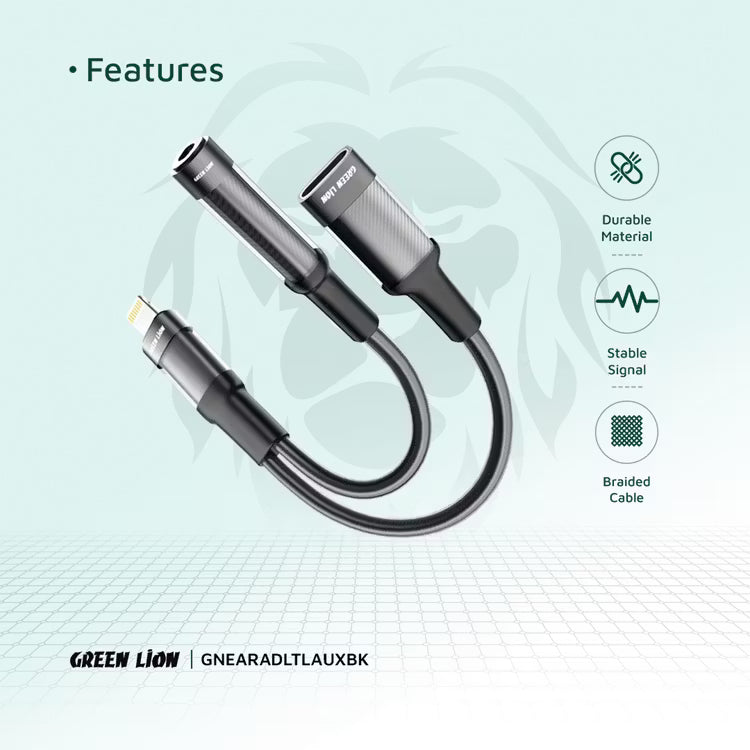Green Lion 2‑in‑1 Earphone & Charging Adapter – Lightning to Lightning Charging + 3.5mm Audio Adapter-Flash Zone Electronics فلاش زون للالكترونيات