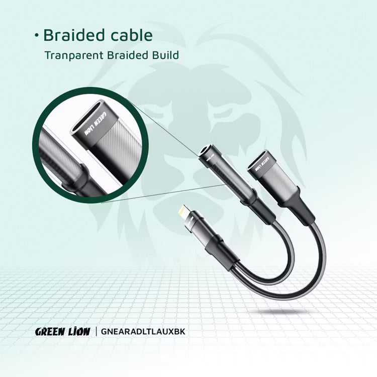 Green Lion 2‑in‑1 Earphone & Charging Adapter – Lightning to Lightning Charging + 3.5mm Audio Adapter-Flash Zone Electronics فلاش زون للالكترونيات
