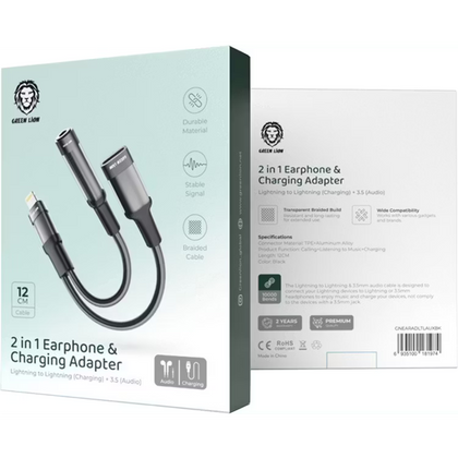 Green Lion 2‑in‑1 Earphone & Charging Adapter – Lightning to Lightning Charging + 3.5mm Audio Adapter-Flash Zone Electronics فلاش زون للالكترونيات