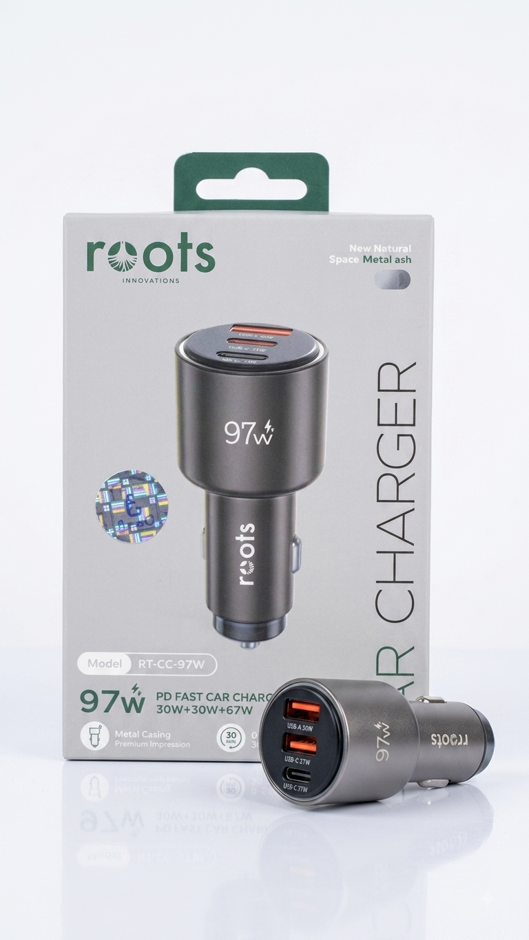 Roots 97W PD Fast Car Charger – 30W + 30W + 67W Multi-Port USB-C Charger-Flash Zone Electronics فلاش زون للالكترونيات