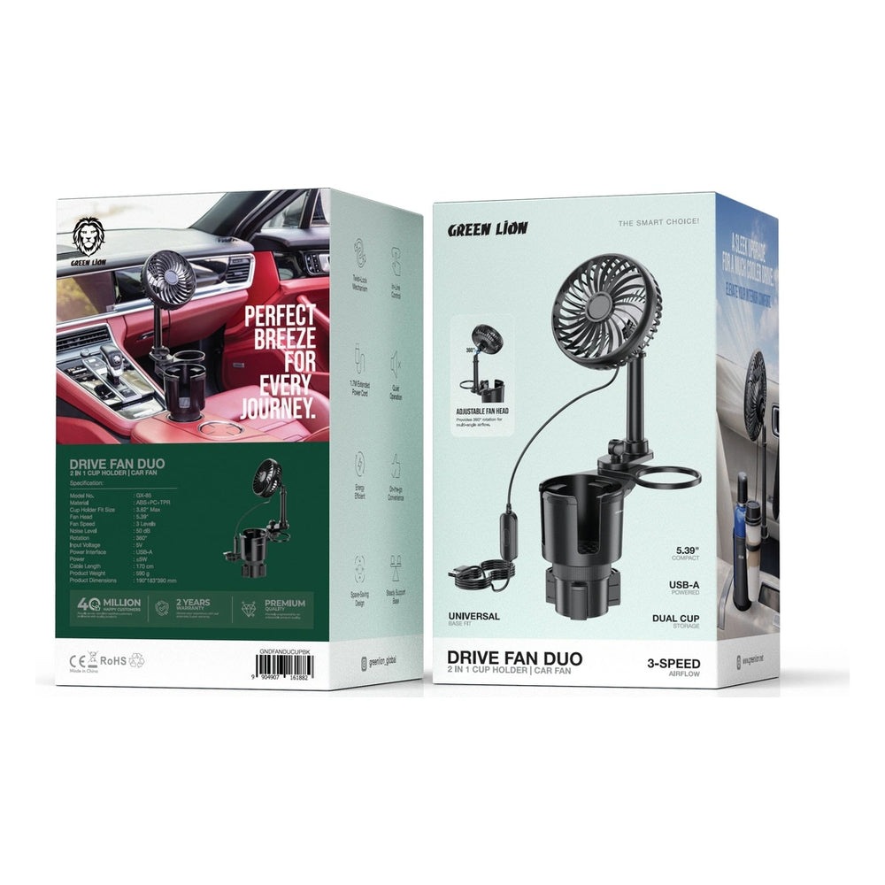 Green Lion Drive Fan Duo 2-in-1 Car Cup Holder with Portable Cooling Fan – Adjustable Airflow & Compact Design-Flash Zone Electronics فلاش زون للالكترونيات