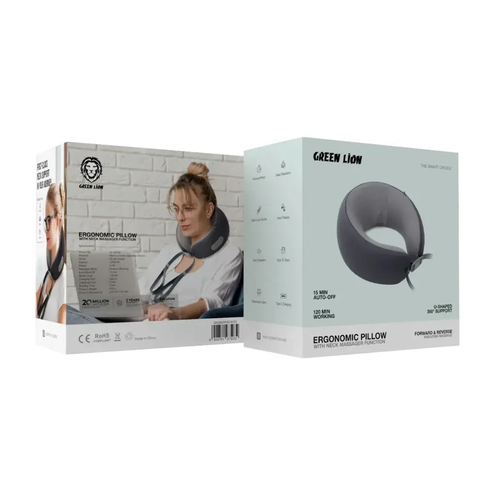 Green Lion Ergonomic Pillow with Neck Massager Function – Gray-Flash Zone Electronics فلاش زون للالكترونيات