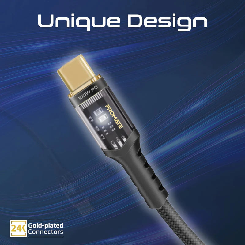 Promate High Tensile Transparent 100W USB‑C Cable with LED Light-Flash Zone Electronics فلاش زون للالكترونيات