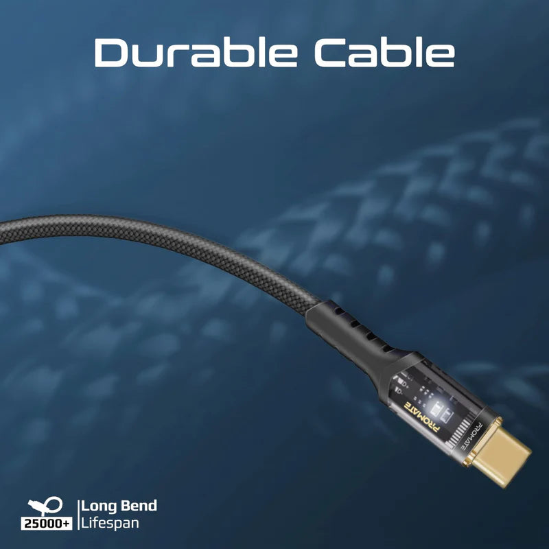 Promate High Tensile Transparent 100W USB‑C Cable with LED Light-Flash Zone Electronics فلاش زون للالكترونيات