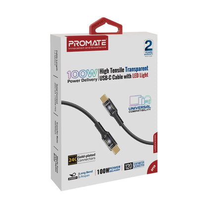 Promate High Tensile Transparent 100W USB‑C Cable with LED Light-Flash Zone Electronics فلاش زون للالكترونيات