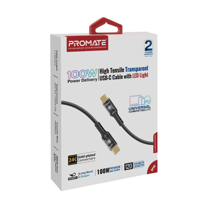 Promate High Tensile Transparent 100W USB‑C Cable with LED Light-Flash Zone Electronics فلاش زون للالكترونيات