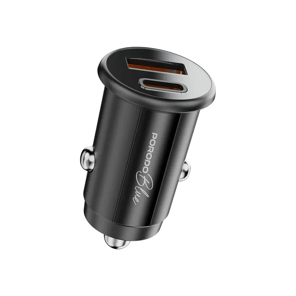 Porodo Blue Dual Port 36W Car Charger with Lightning Cable – USB-C & USB-A Ports, Fast Charging, Black-Flash Zone Electronics فلاش زون للالكترونيات