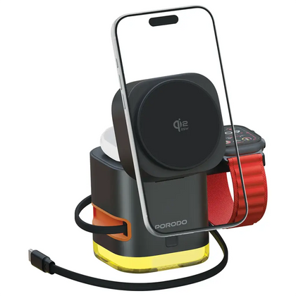 Porodo Xpert 5-In-1 Retractable Wireless Charger with LED Light - Black-Flash Zone Electronics فلاش زون للالكترونيات