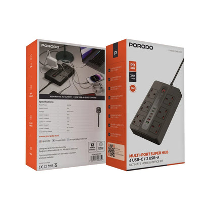 Porodo Multi-Port Super HUB 4 USB-C / 2 USB-A – Ultimate Home & Office Kit (3M)-Flash Zone Electronics فلاش زون للالكترونيات