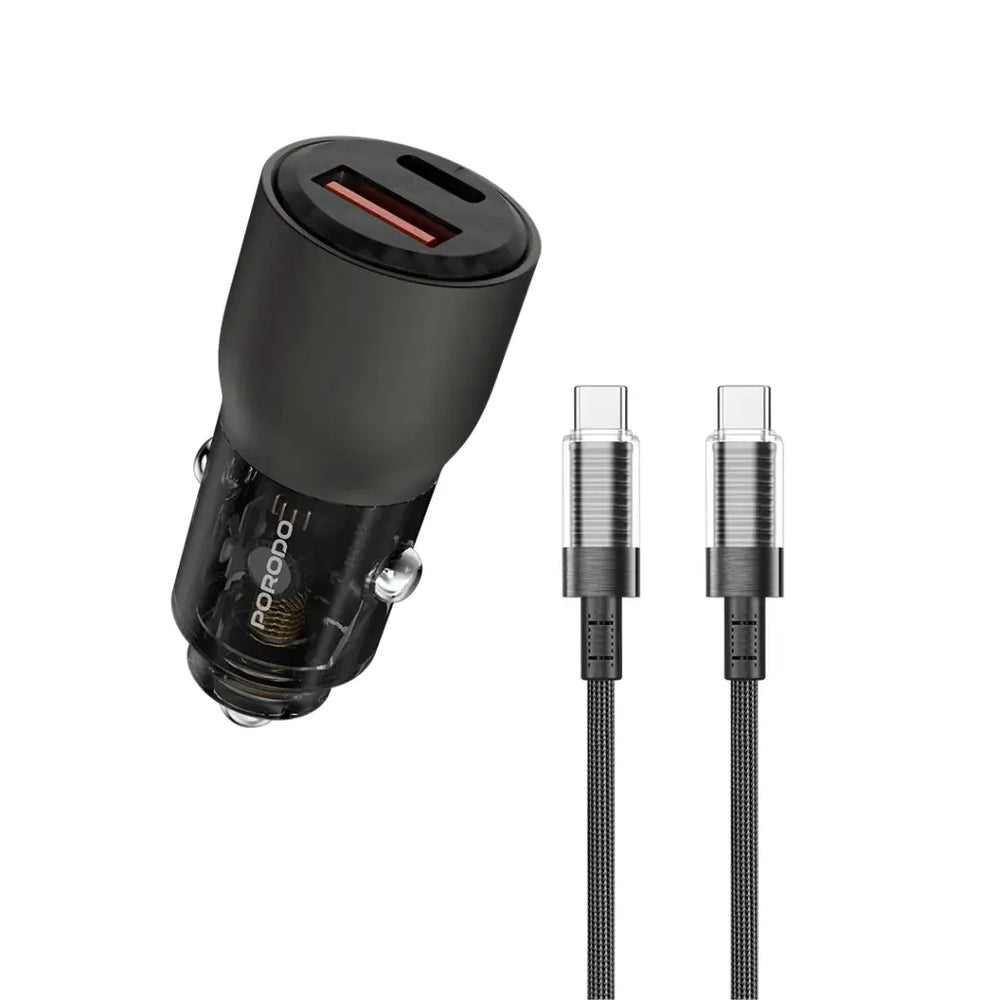 Porodo 95W Car Charger Transparent with 0.9M USB-C Cable-Flash Zone Electronics فلاش زون للالكترونيات