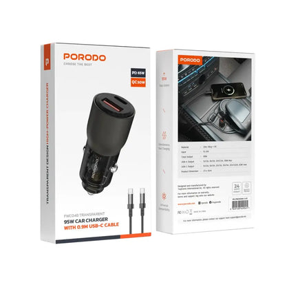 Porodo 95W Car Charger Transparent with 0.9M USB-C Cable-Flash Zone Electronics فلاش زون للالكترونيات