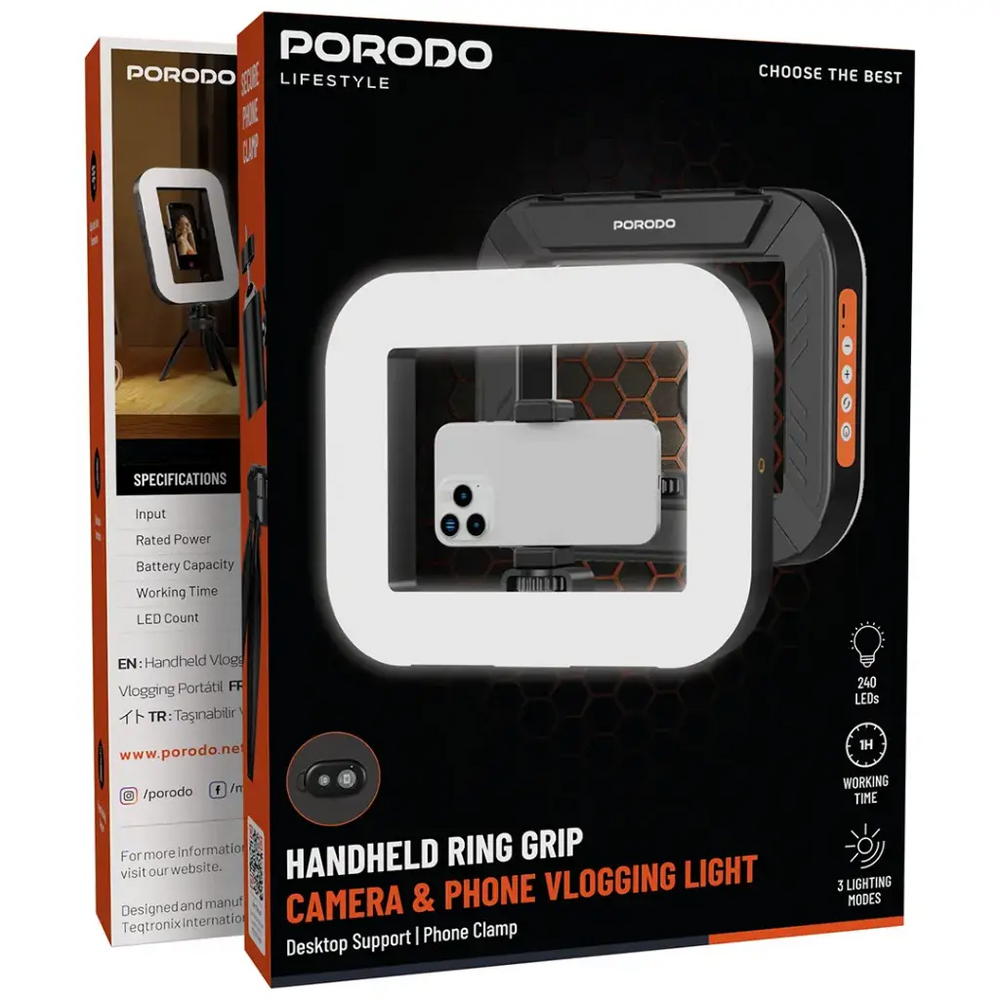 Porodo Lifestyle Handheld Ring Grip Camera & Phone Vlogging Light with Desktop Support & Phone Clamp-Flash Zone Electronics فلاش زون للالكترونيات