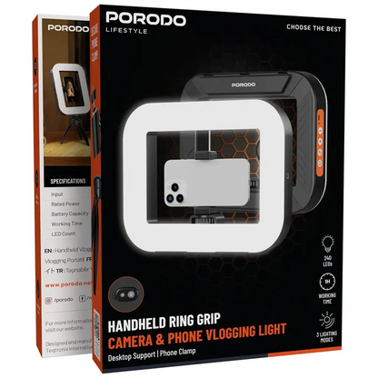 Porodo Lifestyle Handheld Ring Grip Camera & Phone Vlogging Light with Desktop Support & Phone Clamp-Flash Zone Electronics فلاش زون للالكترونيات