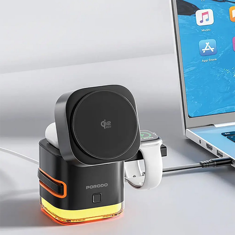 Porodo Xpert 5-In-1 Retractable Wireless Charger with LED Light - Black-Flash Zone Electronics فلاش زون للالكترونيات