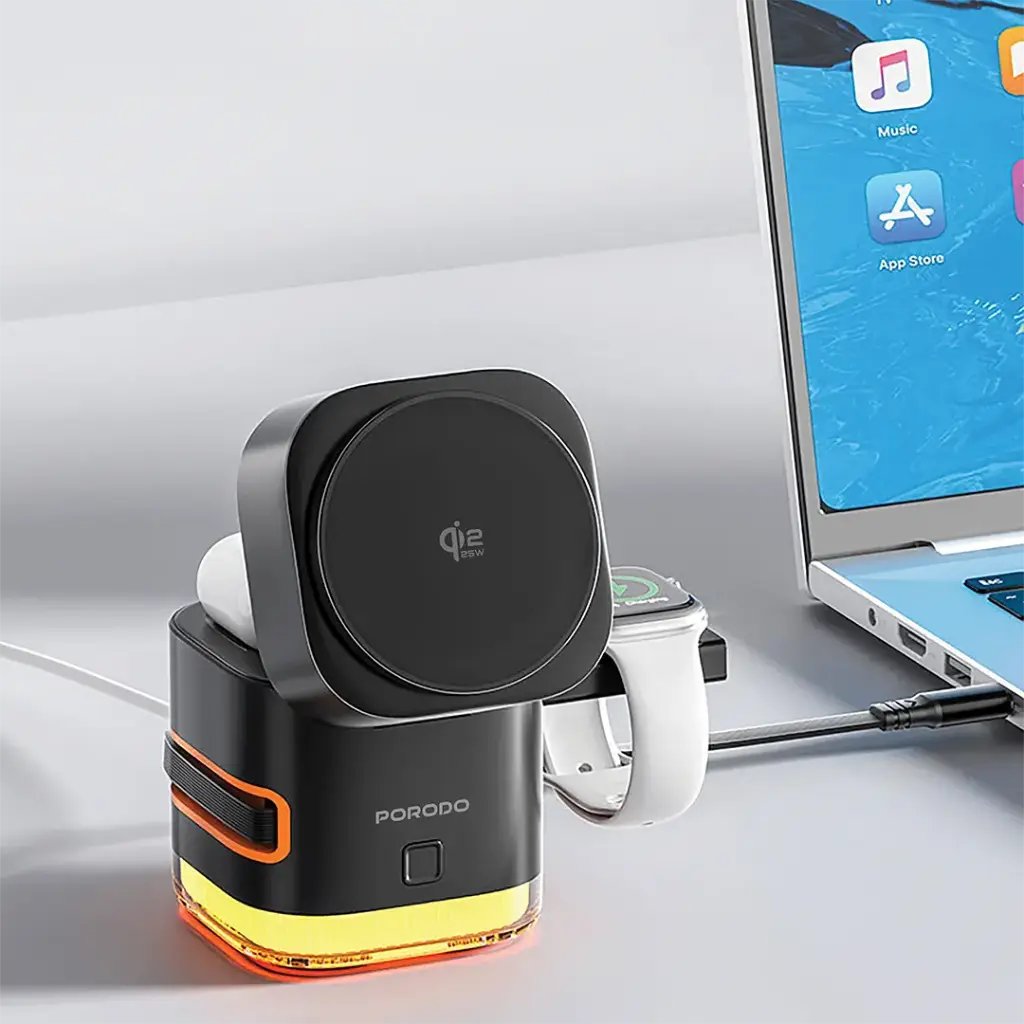 Porodo Xpert 5-In-1 Retractable Wireless Charger with LED Light - Black-Flash Zone Electronics فلاش زون للالكترونيات