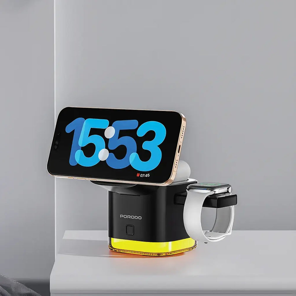 Porodo Xpert 5-In-1 Retractable Wireless Charger with LED Light - Black-Flash Zone Electronics فلاش زون للالكترونيات