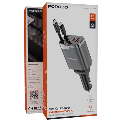 Porodo 111W Car Charger Lightning & Type-C-Flash Zone Electronics فلاش زون للالكترونيات