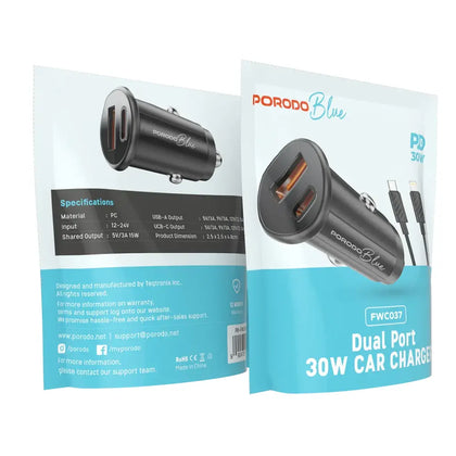 Porodo Blue Dual Port 36W Car Charger with Lightning Cable – USB-C & USB-A Ports, Fast Charging, Black-Flash Zone Electronics فلاش زون للالكترونيات