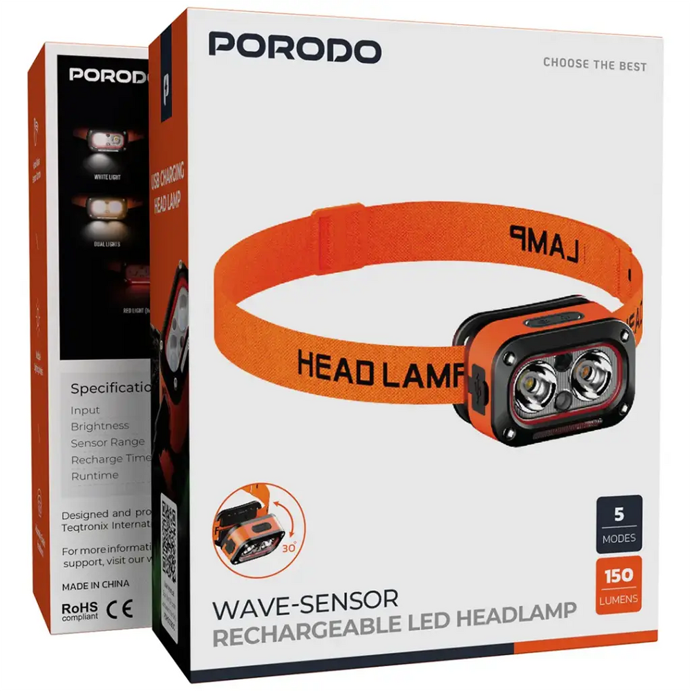 Porodo Wave-Sensor Rechargeable LED Headlamp-Flash Zone Electronics فلاش زون للالكترونيات