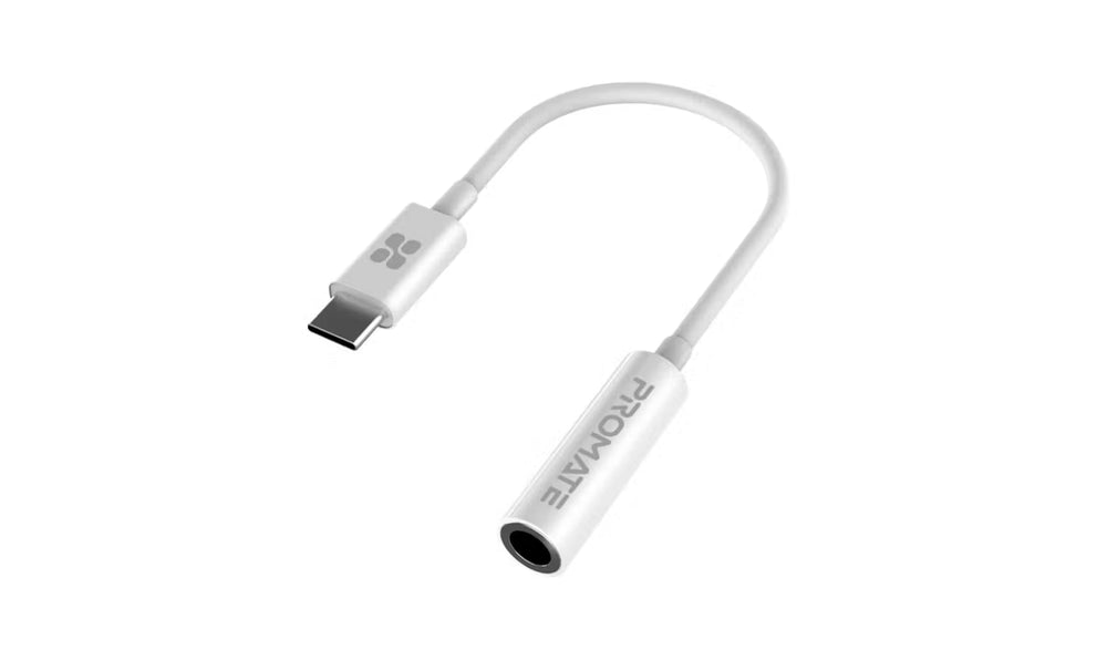 Promate Dynamic Stereo USB‑C to 3.5mm AUX Adapter – White-Flash Zone Electronics فلاش زون للالكترونيات