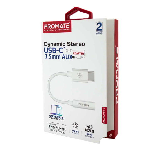 Promate Dynamic Stereo USB‑C to 3.5mm AUX Adapter – White-Flash Zone Electronics فلاش زون للالكترونيات