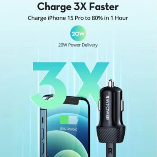 RAVPOWER PD Pioneer 20W USB‑C Fast Car Charger – 1-Port 20W PD Car Adapter (Black)-Flash Zone Electronics فلاش زون للالكترونيات