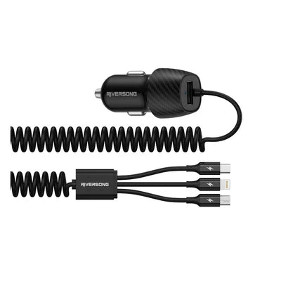 Riversong Safari C2 17W Fast Car Charger with Built-in 3-in-1 Cable – USB-C, Micro-USB & Lightning-Flash Zone Electronics فلاش زون للالكترونيات