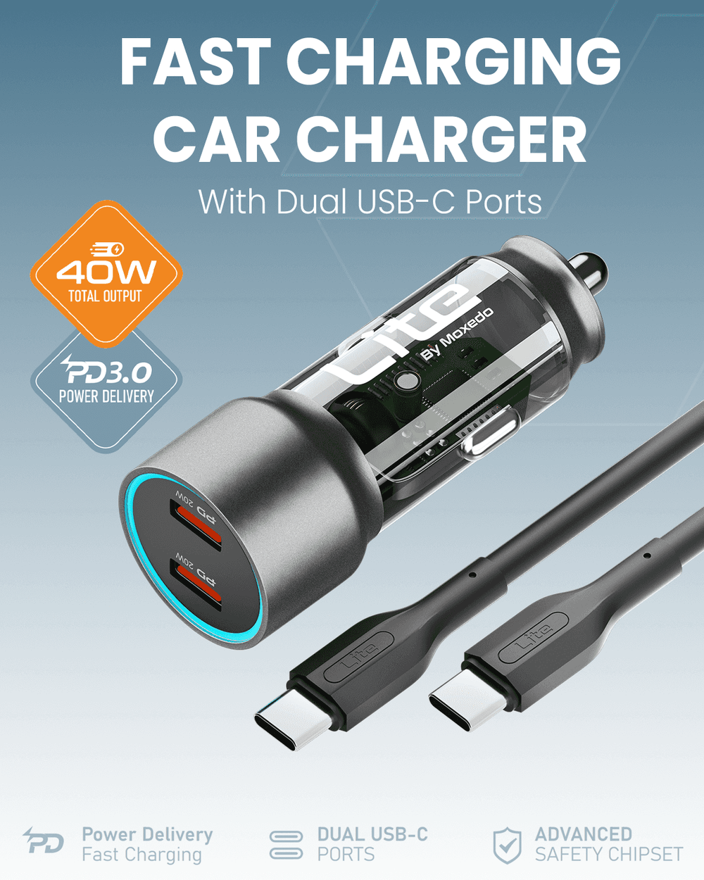 Moxedo Lite 38W Car Charger PD 3.0 Dual USB‑C & USB‑A Port-Flash Zone Electronics فلاش زون للالكترونيات