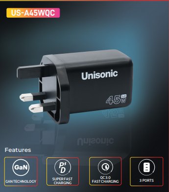 UNISONIC 2C1A 45W QUICK CHARGER WITH GAN ADAPTER-Flash Zone Electronics فلاش زون للالكترونيات