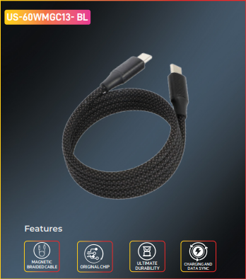 UNISONIC C to C 60W Magnetic Nylon Braided Cable – 1M Fast Charging-Flash Zone Electronics فلاش زون للالكترونيات