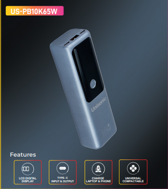 UNISONIC 10000mAh 65W Fast Charging Power Bank with Output Display-Flash Zone Electronics فلاش زون للالكترونيات