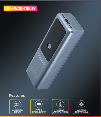 UNISONIC 20000mAh 100W Fast Charging Power Bank with Output Display-Flash Zone Electronics فلاش زون للالكترونيات