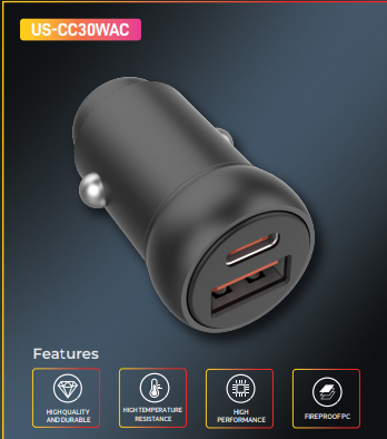 UNISONIC Dual Port Car Charger – Type-C + USB Fast Charging Adapter-Flash Zone Electronics فلاش زون للالكترونيات