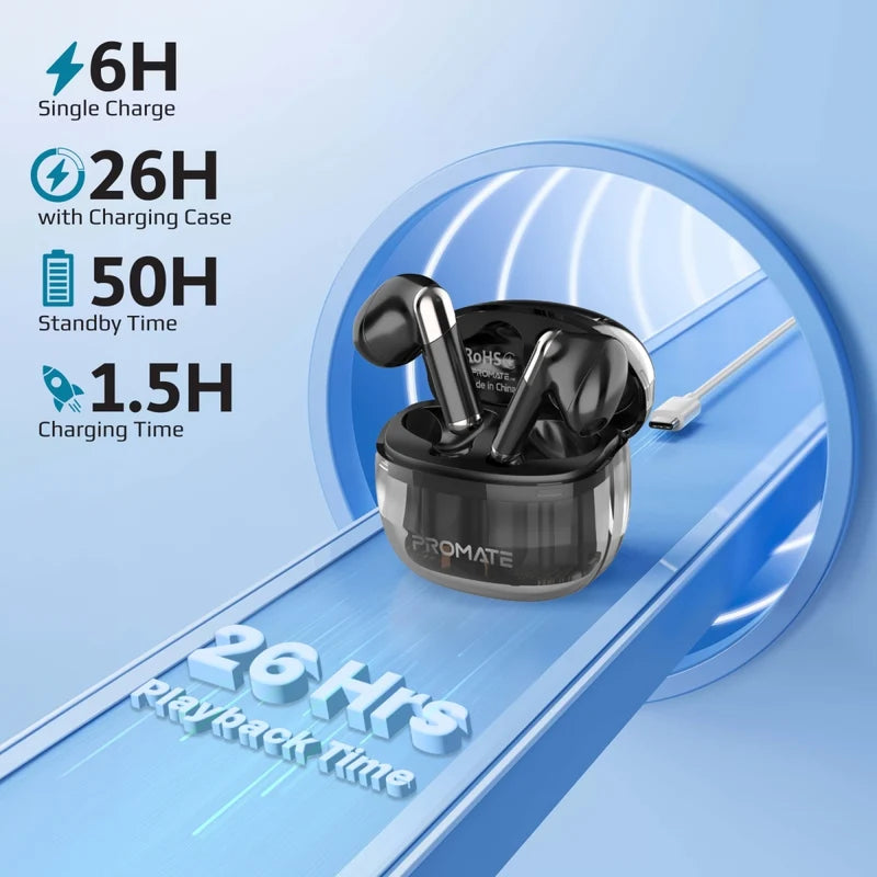Promate TransPods High-Definition Transparent TWS Earbuds with IntelliTouch-Flash Zone Electronics فلاش زون للالكترونيات