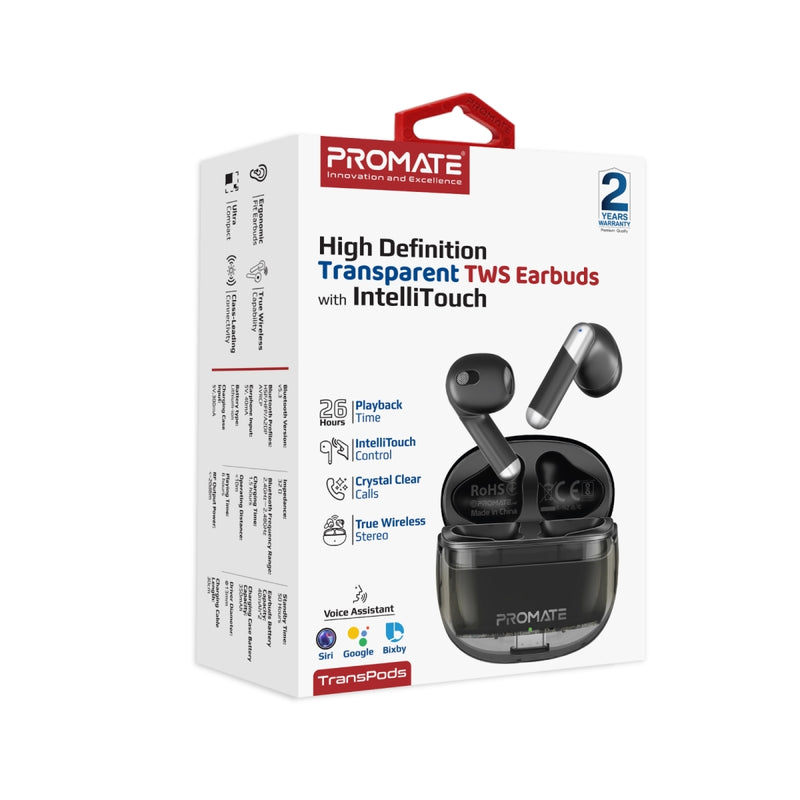 Promate TransPods High-Definition Transparent TWS Earbuds with IntelliTouch-Flash Zone Electronics فلاش زون للالكترونيات