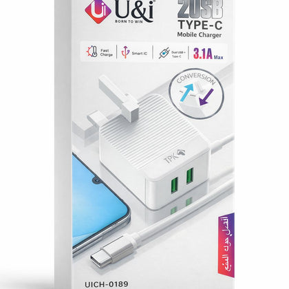 U&I 2USB Type‑C Mobile Charger (Model UICH‑0189) – 3.1A Max Dual Port Wall Adapter-Flash Zone Electronics فلاش زون للالكترونيات
