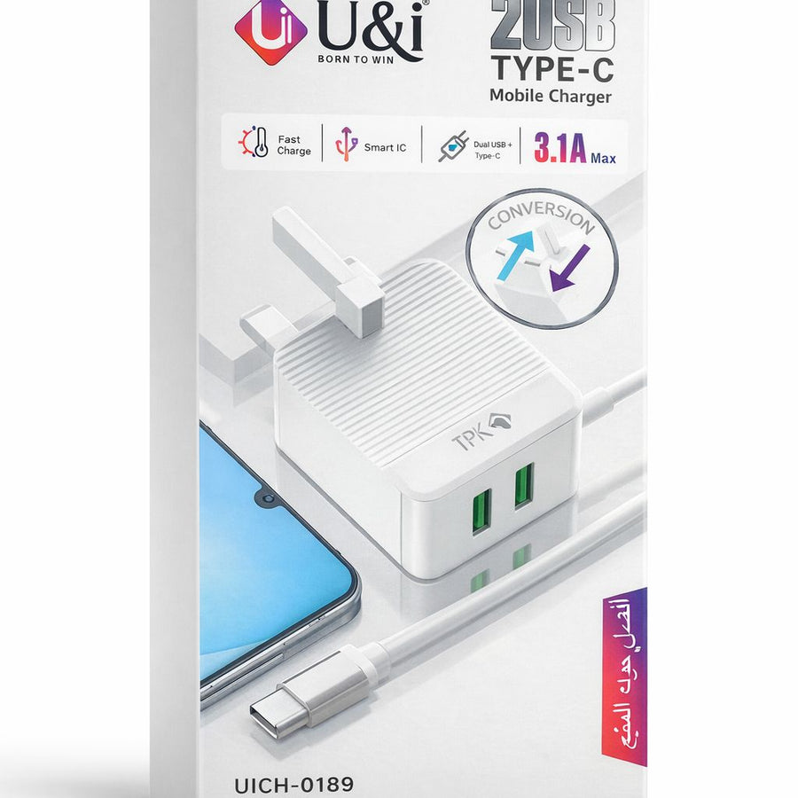 U&I 2USB Type‑C Mobile Charger (Model UICH‑0189) – 3.1A Max Dual Port Wall Adapter-Flash Zone Electronics فلاش زون للالكترونيات