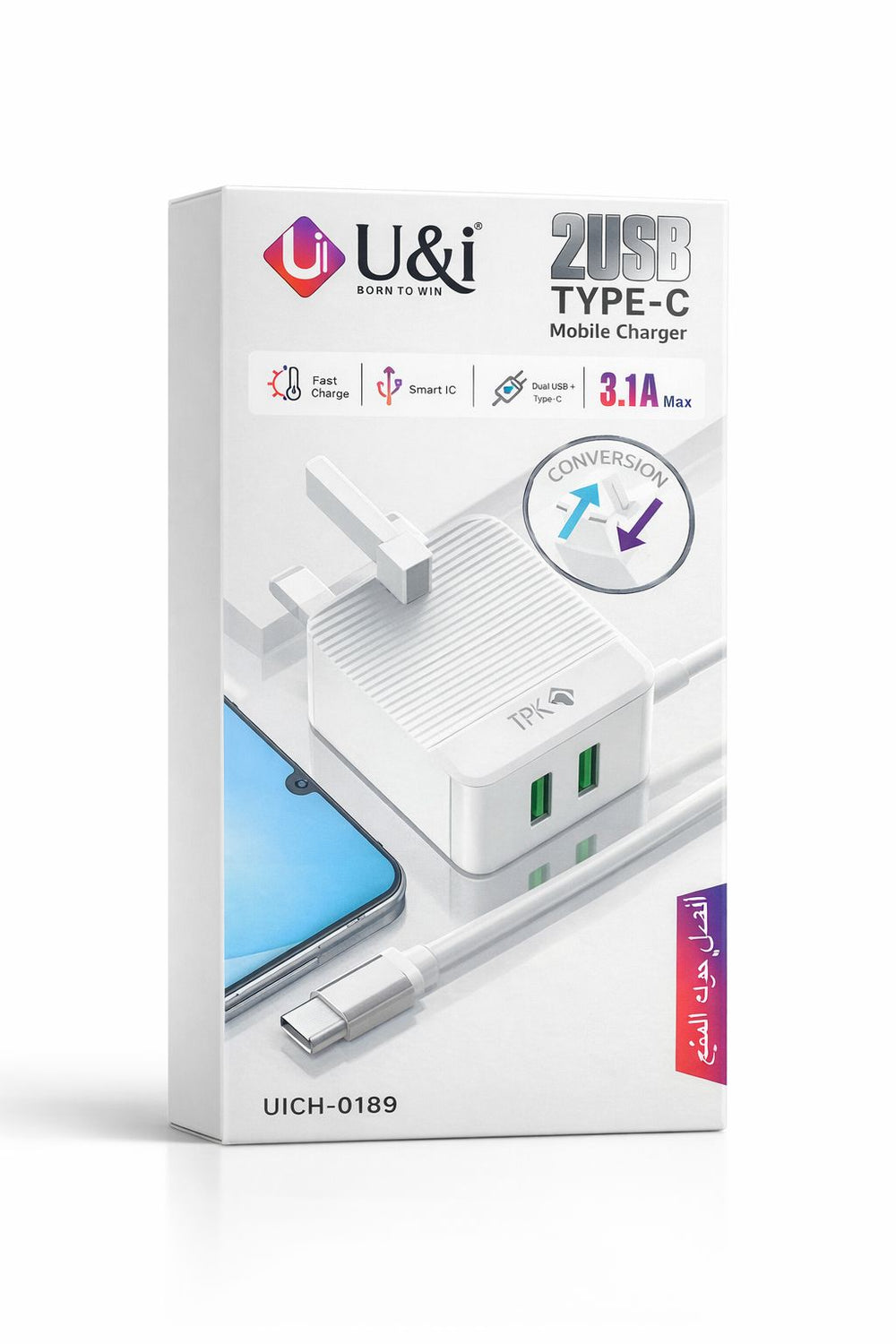 U&I 2USB Type‑C Mobile Charger (Model UICH‑0189) – 3.1A Max Dual Port Wall Adapter-Flash Zone Electronics فلاش زون للالكترونيات