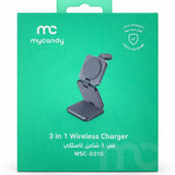 Mycandy WSC-D310 3-in-1 Wireless Charger – Fast Qi Charging Stand for iPhone, Apple Watch & AirPods | Sleek Metal Design – Grey-Flash Zone Electronics فلاش زون للالكترونيات