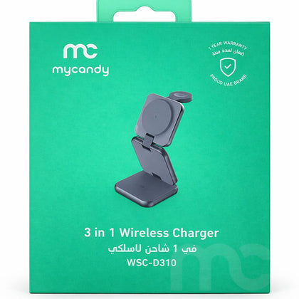 Mycandy WSC-D310 3-in-1 Wireless Charger – Fast Qi Charging Stand for iPhone, Apple Watch & AirPods | Sleek Metal Design – Grey-Flash Zone Electronics فلاش زون للالكترونيات